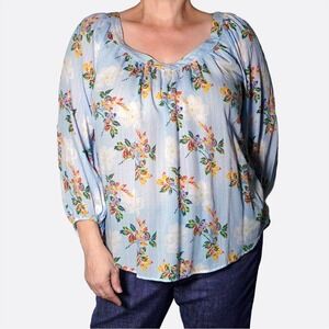 Maeve Romantic Floral Boho Blouse 100% Viscose Blue Pinstripe Plus Sz 1X XL Top